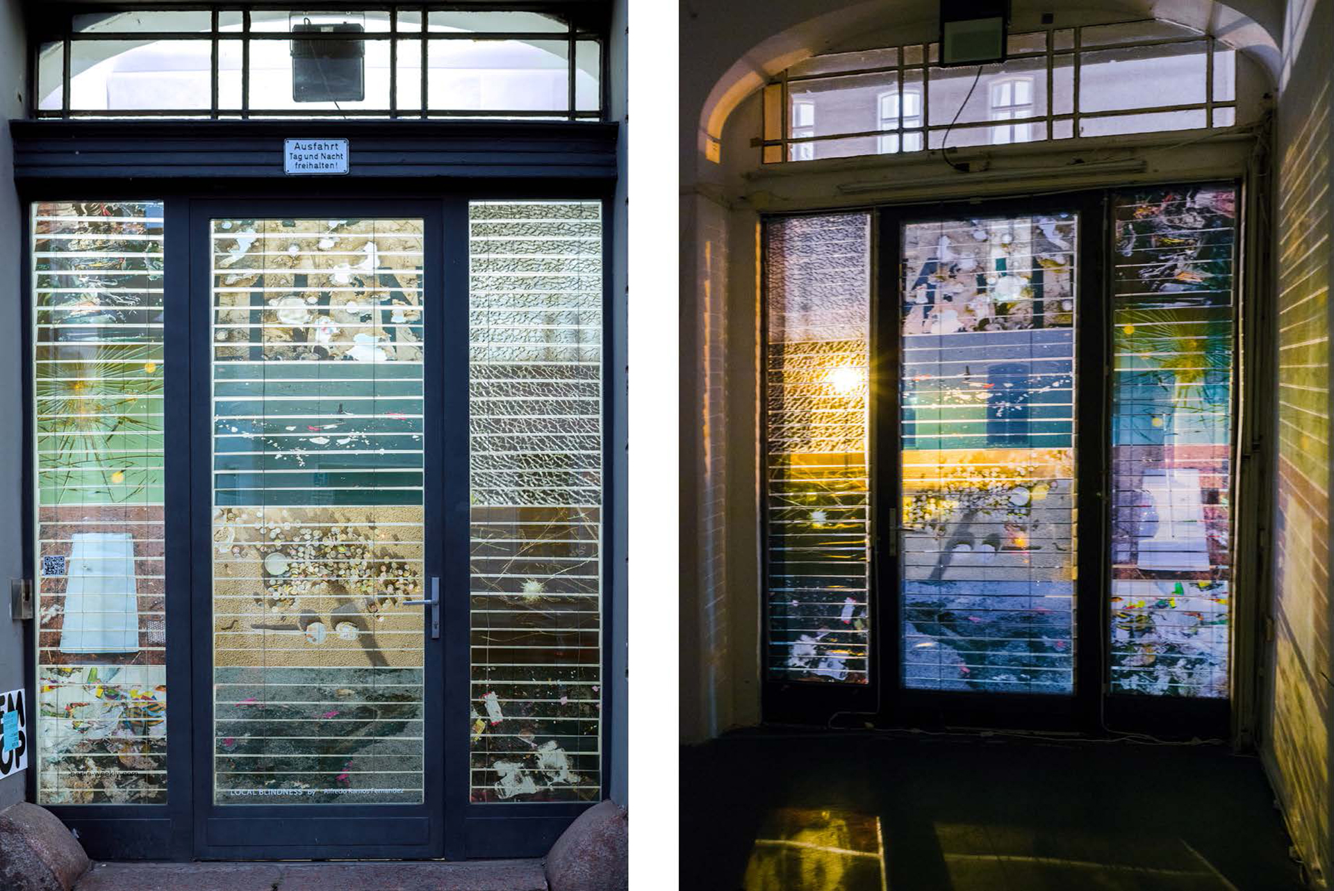 Ausstellungsansicht, Local Blindness, berlin-weekly.com, EMOP Berlin, 2025: Installation von 3 Jalousien aus Inkjet-Drucken auf Transparentfolie, links und rechts: 53 × 346 cm / Mitte: 84 × 346 cm, 2025